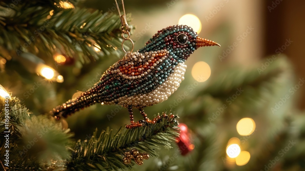 Obraz premium Antique Beaded Bird as Ornament Decoration on Christmas Tree