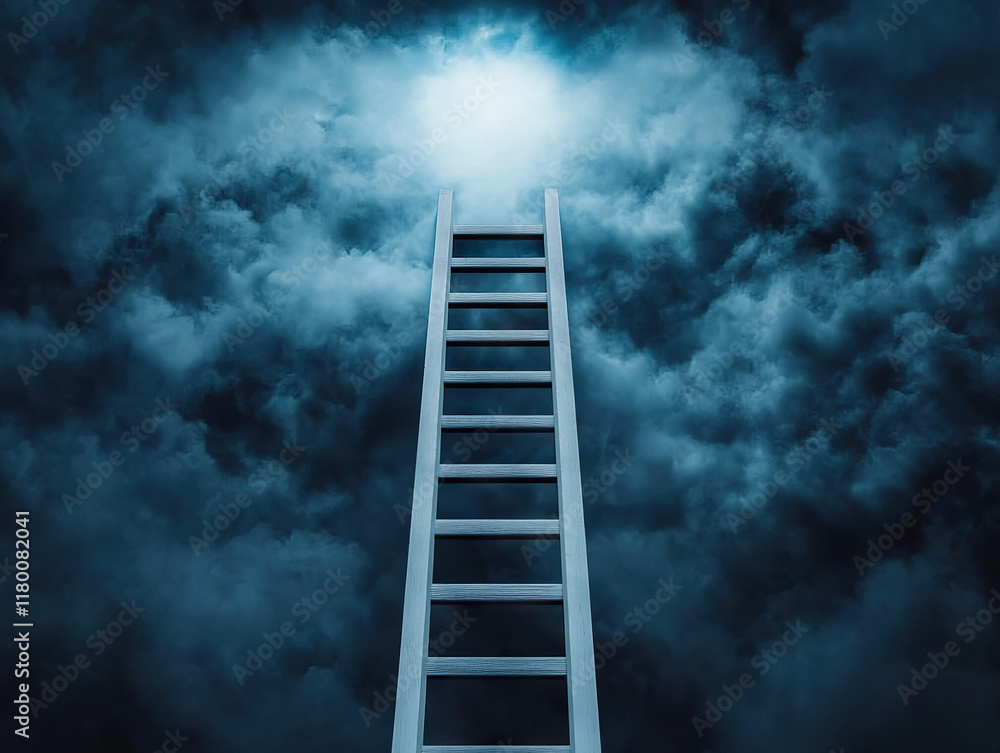 Ladder reaching towards bright light in mysterious cloudy nighttime sky, evoking hope and wonder
