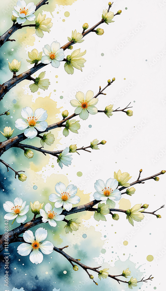 White cherry blossom branches in watercolor style with soft hues
White cherry blossom branches in watercolor style with soft hues