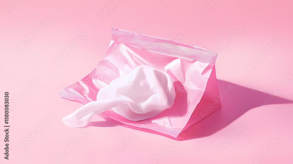 A single pink package of wet wipes is shown, with one white wipe pulled out. the background is a light pink, providing a clean and simple aesthetic. Sunwoven. Illustration A single pink package of wet wipes is shown, with one white wipe pulled out. the background is a light pink, providing a clean and simple aesthetic. Sunwoven. Illustration
