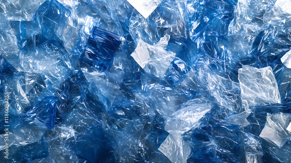 Abstract composition of crumpled clear plastic and blue film sheets creating a textured background for modern design and environmental awareness concepts. Sunwoven. Illustration Abstract composition of crumpled clear plastic and blue film sheets creating a textured background for modern design and environmental awareness concepts. Sunwoven. Illustration