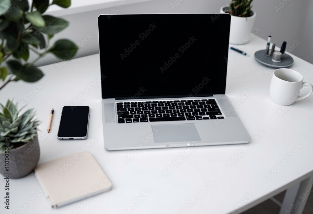 Modern home office setup with laptop, smartphone, and plants on white desk. Minimalist workspace for remote work, freelancing, or studying. Clean and organized desktop Modern home office setup with laptop, smartphone, and plants on white desk. Minimalist workspace for remote work, freelancing, or studying. Clean and organized desktop