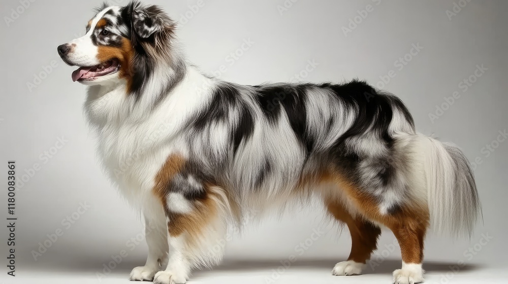 Obraz premium An Australian Shepherd stands proudly on a white background, its multicolored coat gleaming under soft lighting