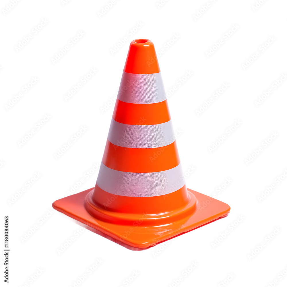 A traffic cone with an orange base and white stripes. A traffic cone with an orange base and white stripes.
