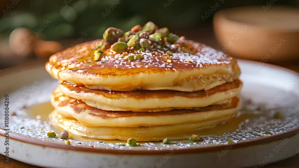 stack of pistachio pancakes, breakfast stack of pistachio pancakes, breakfast
