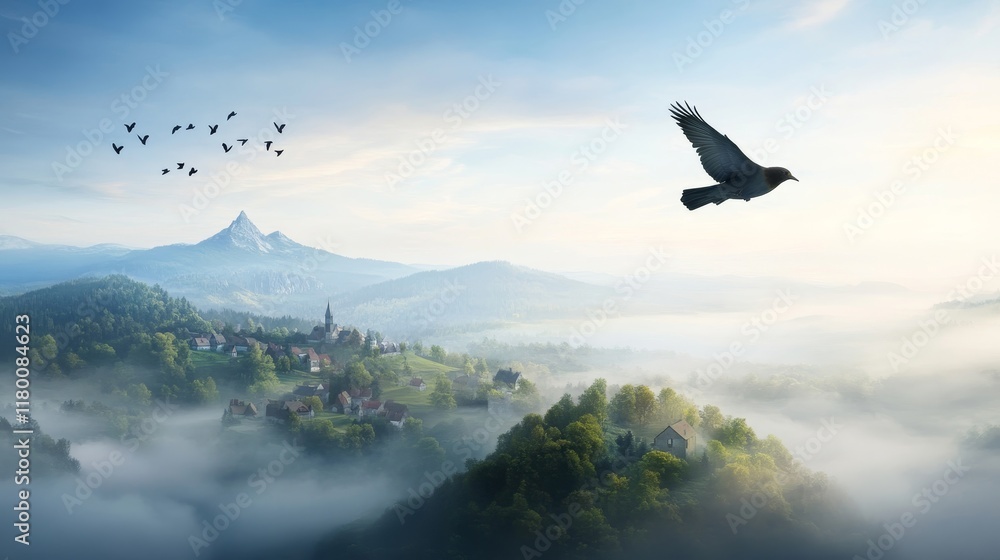 Serene Landscape with Mountain Peaks, Misty Valleys, a Flying Bird and a Charming Village Under a Blue Sky with Soft Clouds in the Morning Light Serene Landscape with Mountain Peaks, Misty Valleys, a Flying Bird and a Charming Village Under a Blue Sky with Soft Clouds in the Morning Light