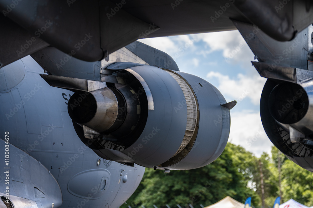Large aircraft engine on a military transport plane. Large aircraft engine on a military transport plane.