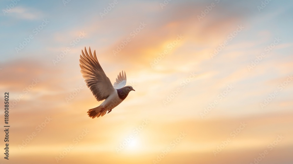 Fototapeta premium Scenic Flight of a Bird Against a Vibrant Sky at Sunrise, Capturing the Freedom and Beauty of Nature in a Stunning Moment of Tranquility and Grace