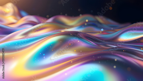 3d render Metallic liquid background. Abstract neon texture. Rainbow 3d holographic foil. Wavy glossy surface in blue and purple colors Background