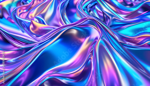3d render Metallic liquid background. Abstract neon texture. Rainbow 3d holographic foil. Wavy glossy surface in blue and purple colors Background
