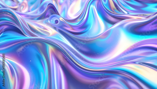 3d render Metallic liquid background. Abstract neon texture. Rainbow 3d holographic foil. Wavy glossy surface in blue and purple colors Background