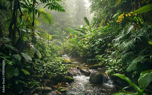 A dense jungle with thick vegetation and a flowing river creating a wild, natural scene photo