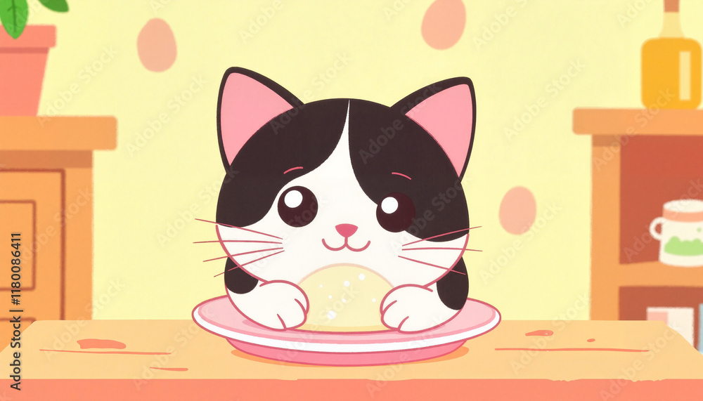 Fototapeta premium Cute cartoon kitten enjoying food on pink plate in cozy kitchen, joyfulness