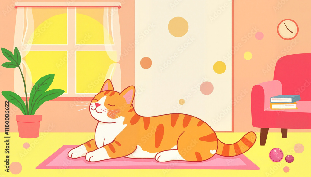 Fototapeta premium Cute cartoon cat observing the moon in cozy library, whimsical charm