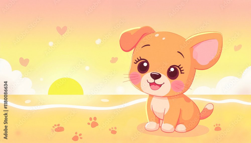 Fototapeta premium Cheerful puppy smiling at sunset on beach, playful innocence