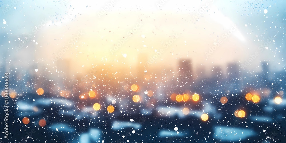 Obraz premium Soft blurred warm lights scattered across snowy streets in a cozy winter cityscape, evoking tranquil and festive vibes, style book illustration