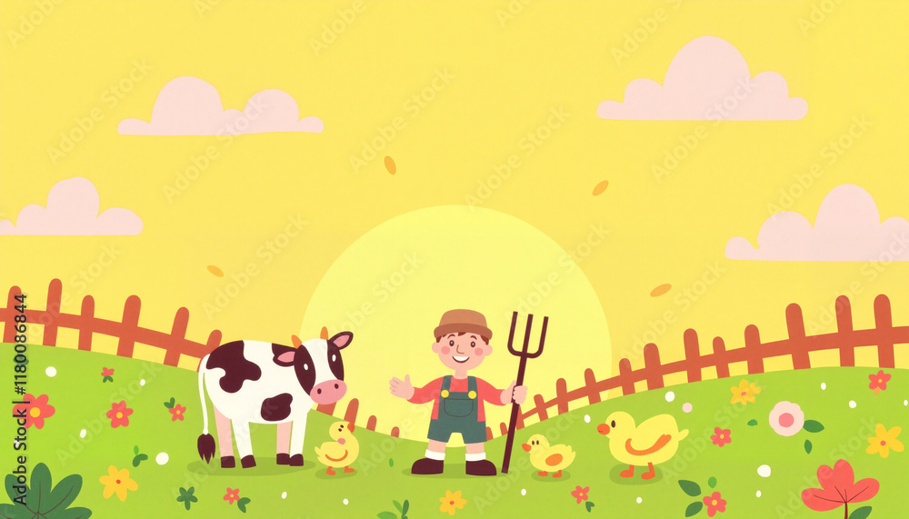 Joyful farmer feeding cow and ducks in colorful meadow at sunset, happy harmony Joyful farmer feeding cow and ducks in colorful meadow at sunset, happy harmony