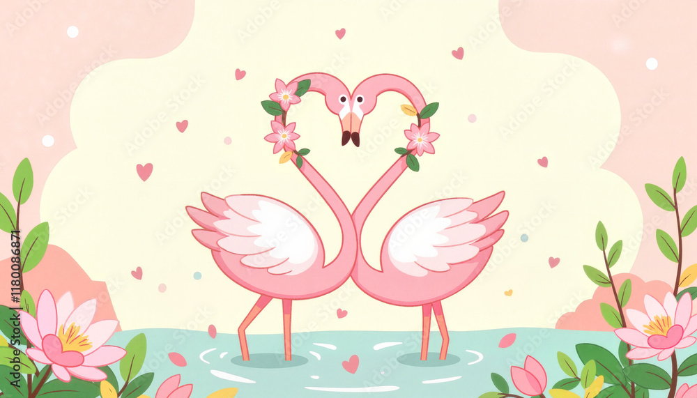 Flamingos expressing love in tranquil lake surrounded by flowers, romance Flamingos expressing love in tranquil lake surrounded by flowers, romance