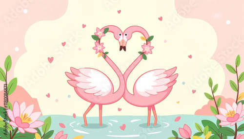 Flamingos expressing love in tranquil lake surrounded by flowers, romance