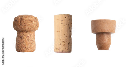 Three Different Shape Wine Corks Isolated on White Background