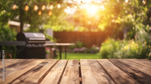 Summer time in backyard with wooden table, grill BBQ and blurred background