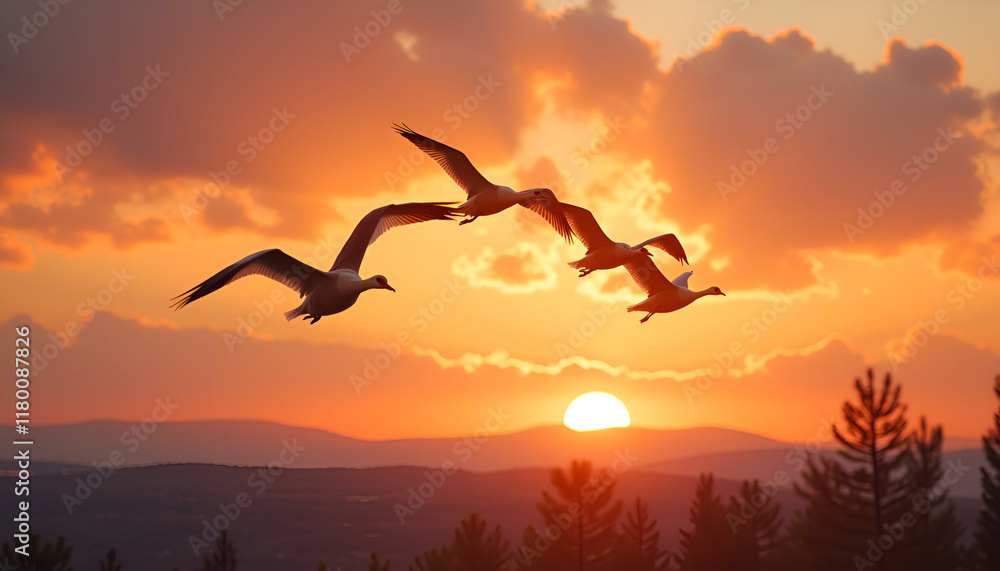 Fototapeta premium Geese flying in a V formation, graceful and united, at sunset background, copy space
