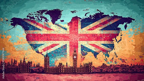 British flag waving over world map with houses of parliament in london