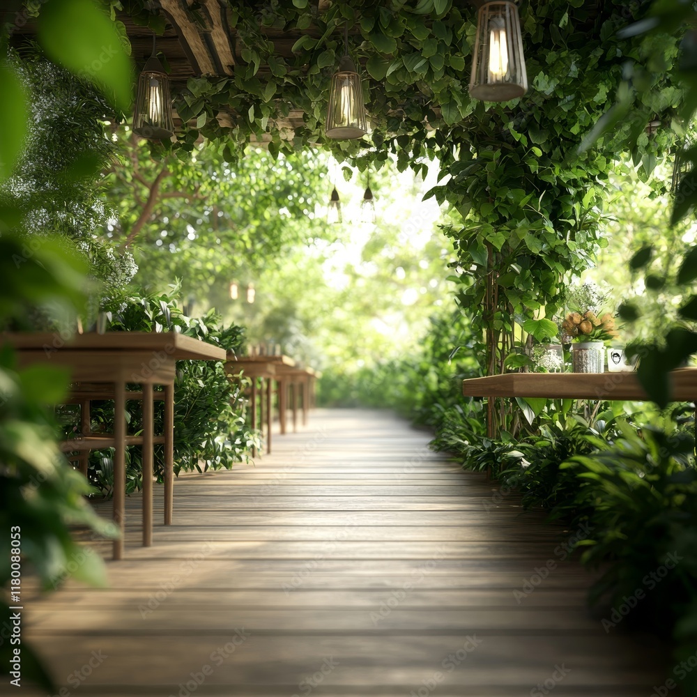 Serene Garden Pathway Surrounded by Lush Greenery and Ambient Lighting, Providing a Tranquil Outdoor Dining Experience in a Cozy Setting Serene Garden Pathway Surrounded by Lush Greenery and Ambient Lighting, Providing a Tranquil Outdoor Dining Experience in a Cozy Setting
