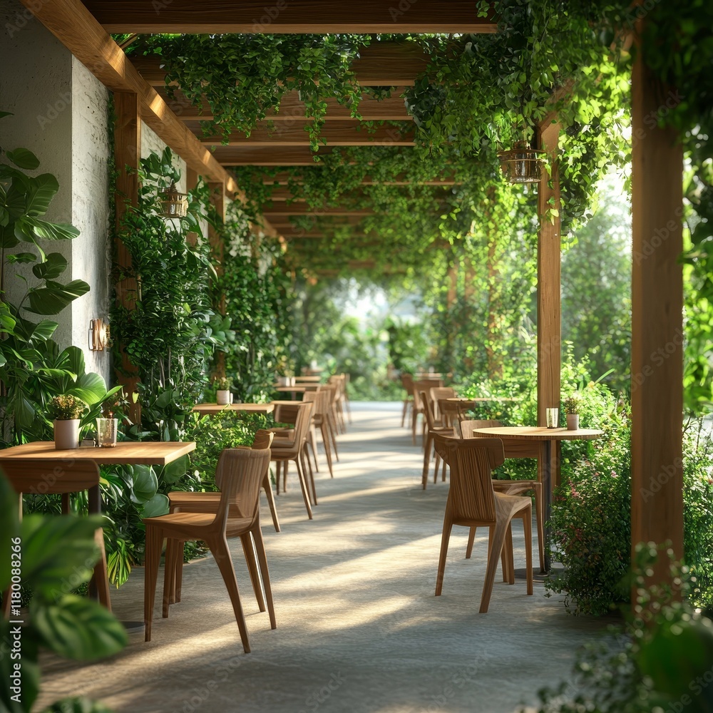 Fototapeta premium Scenic Outdoor Dining Area Surrounded by Greenery and Natural Light, Featuring Wooden Tables and Chairs in a Serene Atmosphere Ideal for Relaxation and Enjoyment
