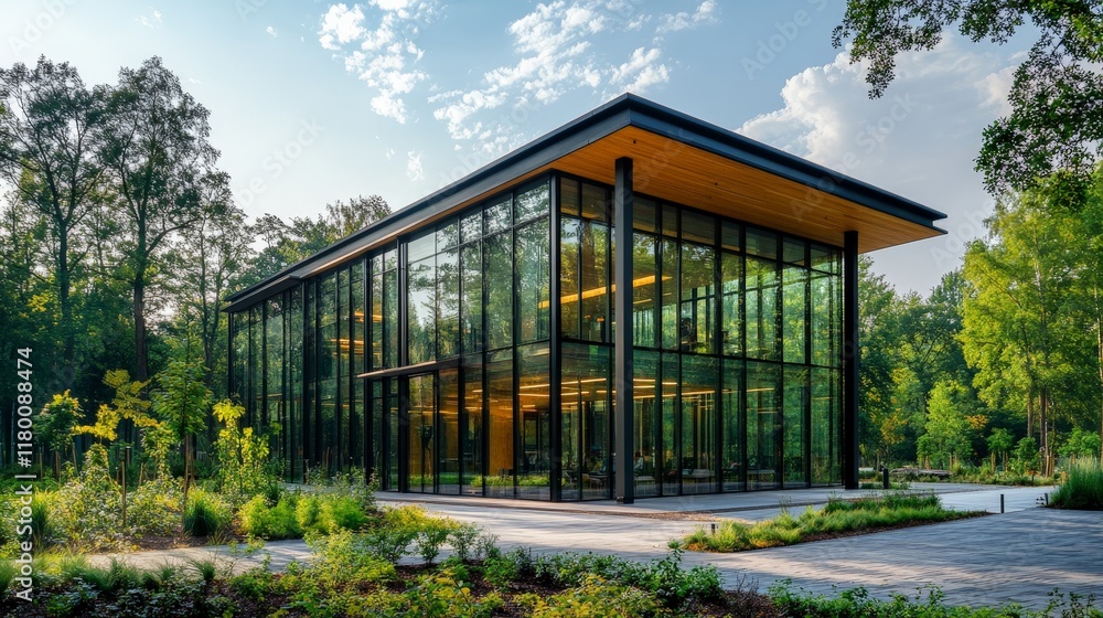 Fototapeta premium A sustainable glass office building surrounded by lush green trees, showcasing eco-friendly design and modern architecture for corporate spaces.