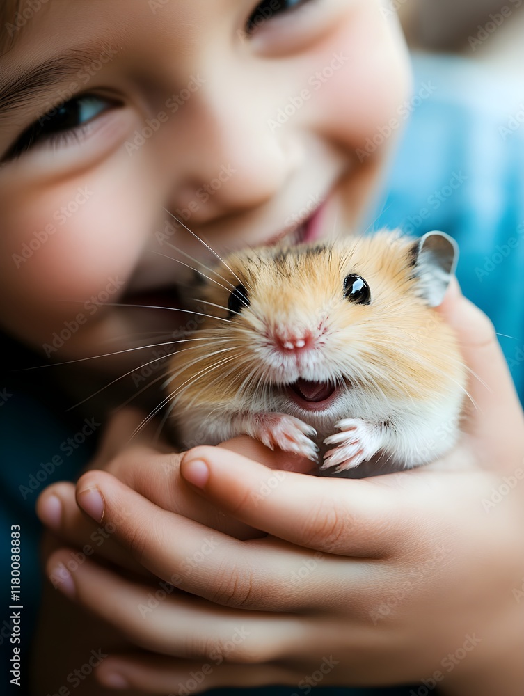 A photo of a child giving their hamster a gentle pet while smiling brightly. A photo of a child giving their hamster a gentle pet while smiling brightly.