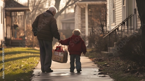 A photo of a child helping an elderly neighbor carry groceries to their doorstep