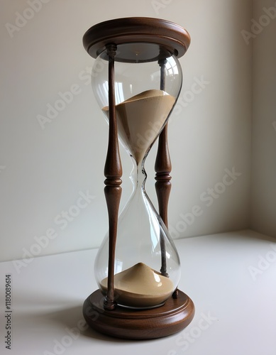 An elegant hourglass with a wooden base and stand. Sand trickles through clear glass, symbolizing the passage of time. The warm tones create a sense of tranquillity.