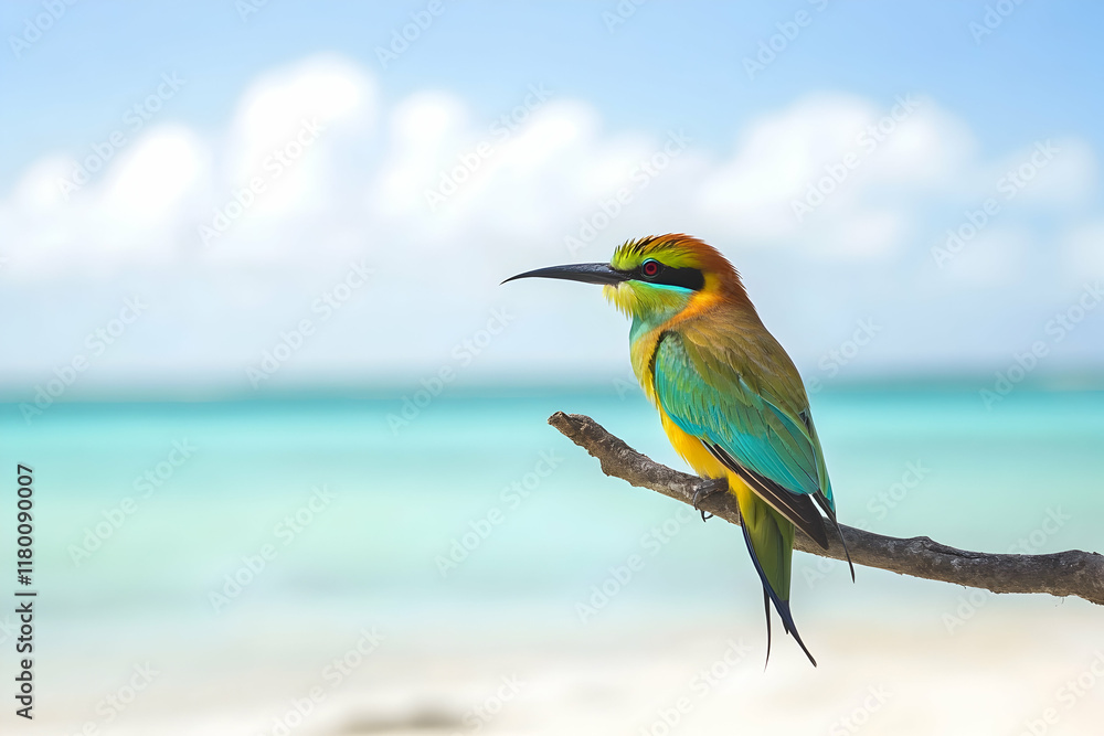 Obraz premium Vibrant tropical bird perched on a branch near the beach
