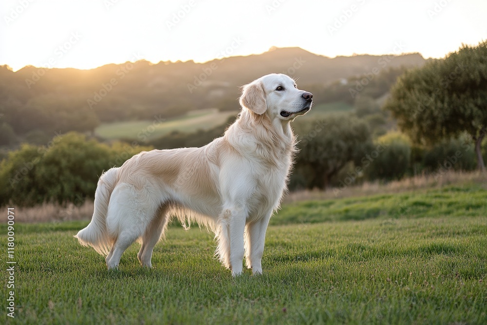 A white golden retriever standing in a green grassy field, with rolling hills in the background and golden hour lighting Generative AI