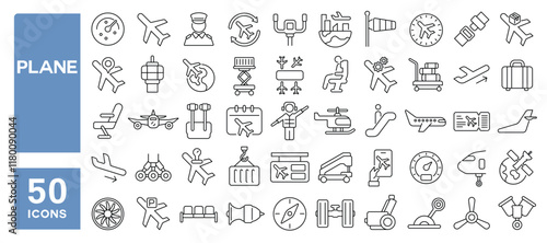 Set of 50 line icons related to plane, transport, airport, airplane, aircraft, parts, shipment, journey, takeoff, landing, flight, Editable stroke. Vector illustration