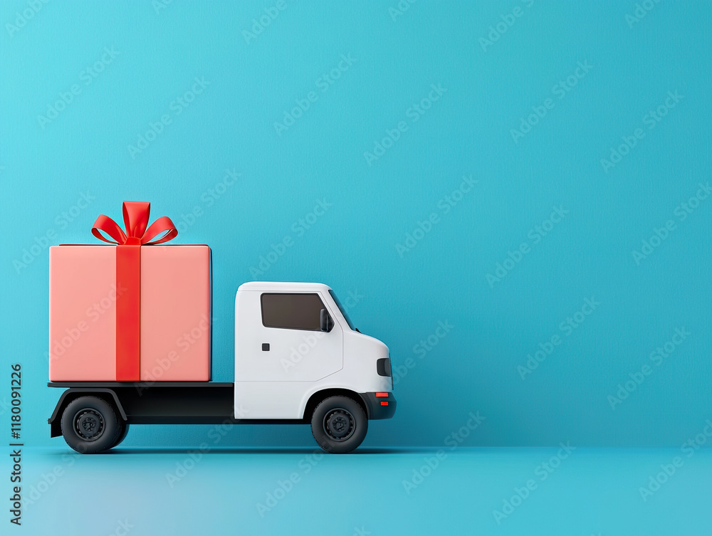 delivery truck carrying large gift box with red ribbon on bright blue background delivery truck carrying large gift box with red ribbon on bright blue background