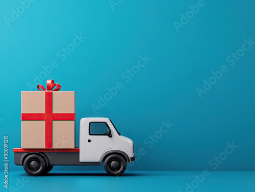 delivery truck carrying large gift box with red ribbon on bright blue background photo