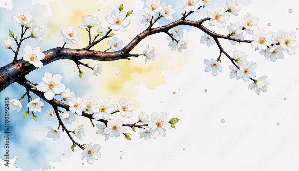Fototapeta premium White cherry blossoms on a branch with watercolor background 