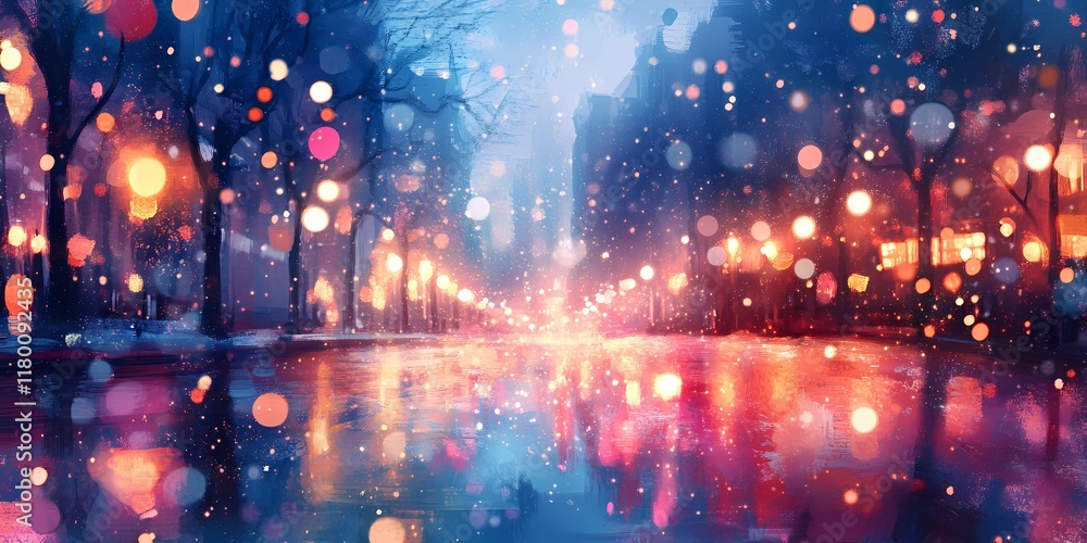 Fototapeta premium Blurred glowing bokeh lights shimmering faintly in a snowy urban background, evoking tranquil and magical winter vibes, style book illustration
