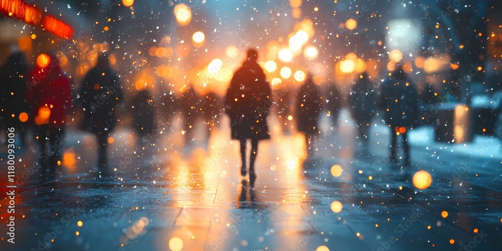 Blurred glowing bokeh lights shimmering faintly in a snowy urban background, evoking tranquil and magical winter vibes, style book illustration Blurred glowing bokeh lights shimmering faintly in a snowy urban background, evoking tranquil and magical winter vibes, style book illustration