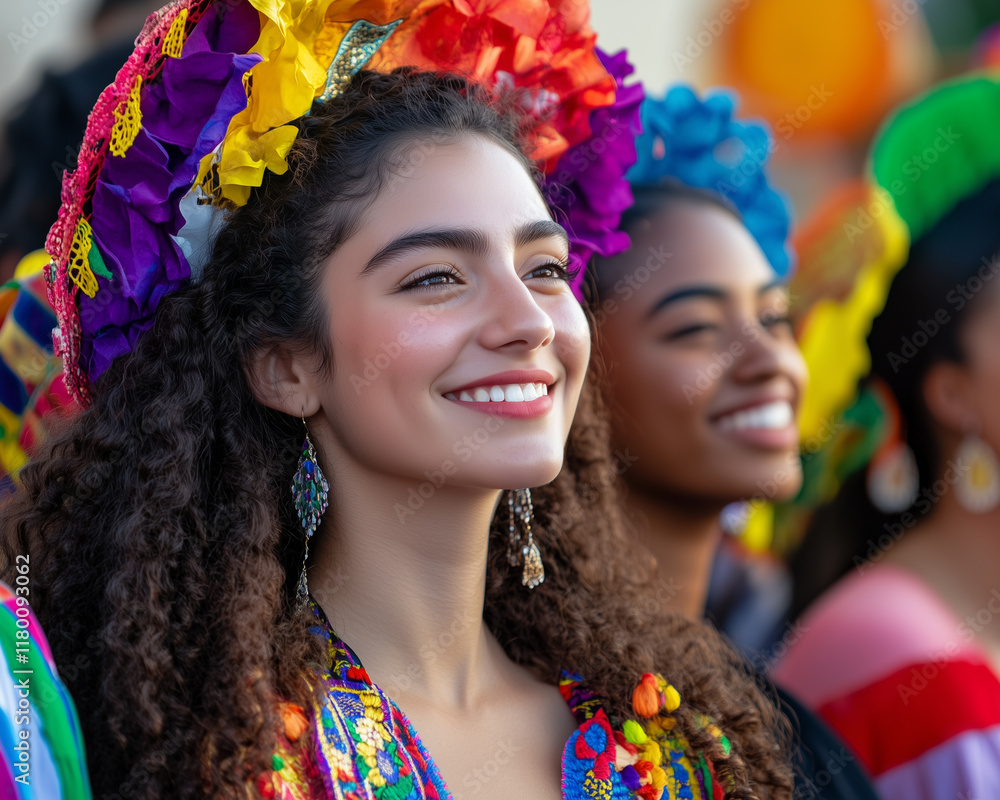 Fototapeta premium Friends celebrating diversity with vibrant costumes at a cultural festival during a sunny day in a lively community park