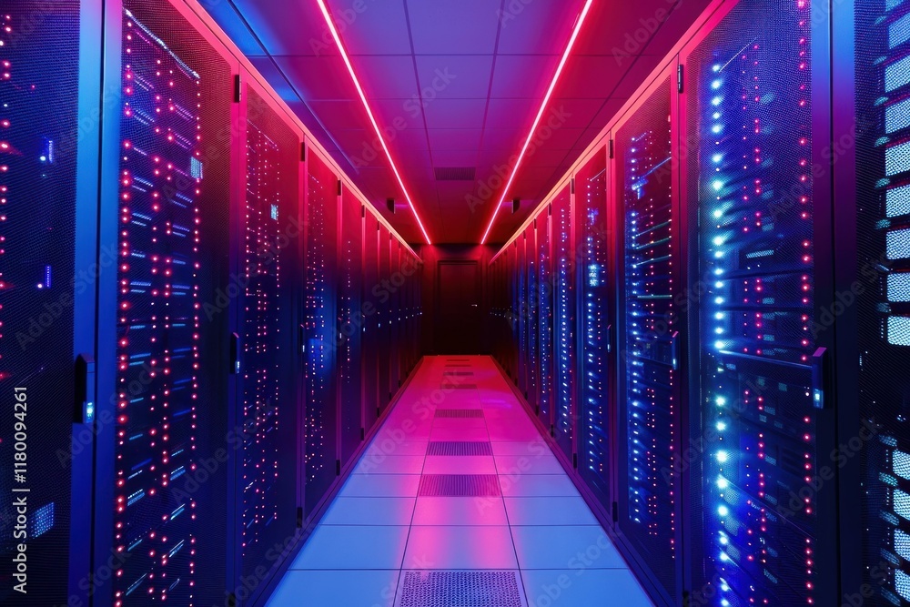 Server room with rows of supercomputers is illuminated by neon lights, creating a futuristic atmosphere Server room with rows of supercomputers is illuminated by neon lights, creating a futuristic atmosphere