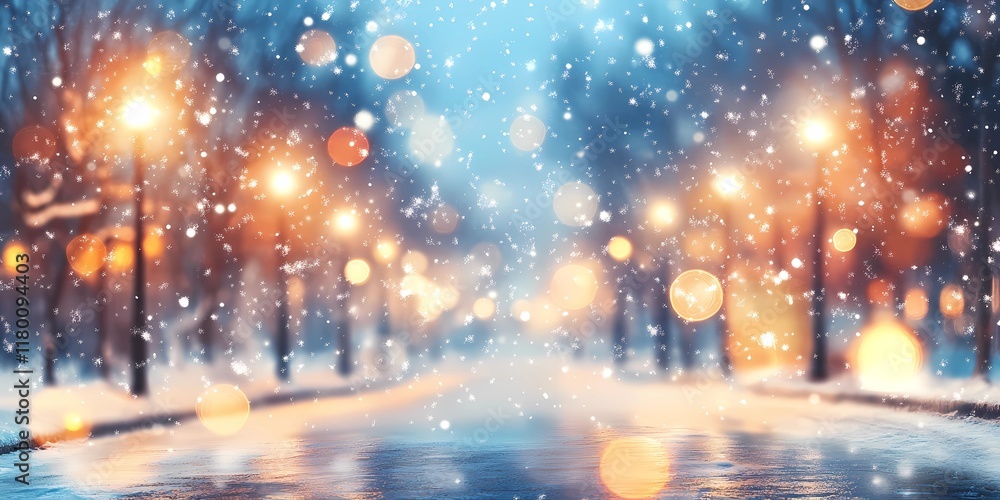 Naklejka premium Blurred glowing city lights creating a serene snowy winter urban backdrop, evoking cozy seasonal charm, style book illustration