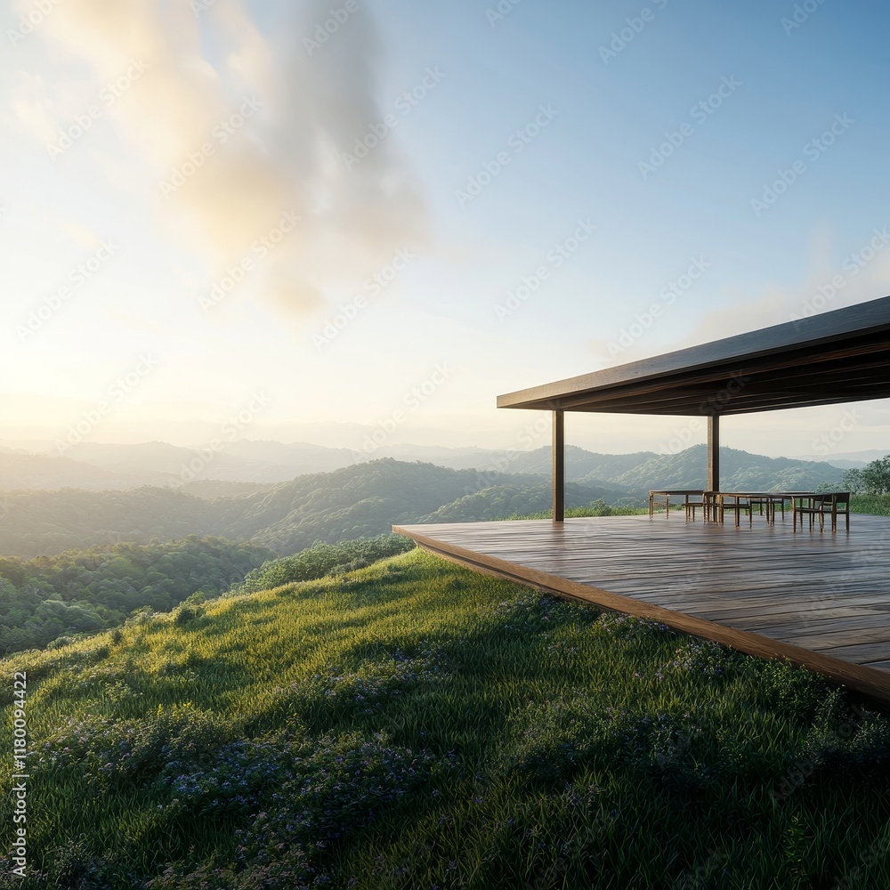 Serene Modern Pavilion Overlooking Lush Green Valley and Distant Mountains Under Clear Blue Sky at Sunrise or Sunset, Perfect for Nature Retreat or Architectural Design Concepts Serene Modern Pavilion Overlooking Lush Green Valley and Distant Mountains Under Clear Blue Sky at Sunrise or Sunset, Perfect for Nature Retreat or Architectural Design Concepts