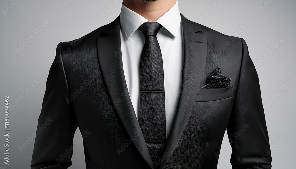 A black business suit made from premium wool, complete with tie, pocket square and classic dress shoes A black business suit made from premium wool, complete with tie, pocket square and classic dress shoes