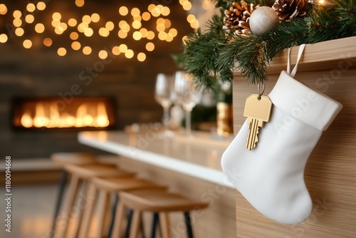 Cozy christmas interior with fireplace and stocking holding house key