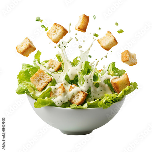 Caesar salad with croutons and dressing splash  
