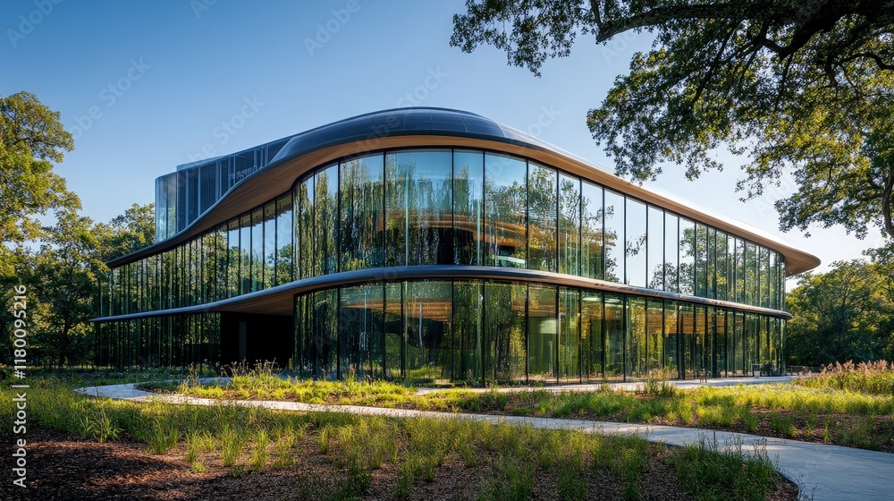 A sustainable glass office building surrounded by lush green trees, showcasing eco-friendly design and modern architecture for corporate spaces.