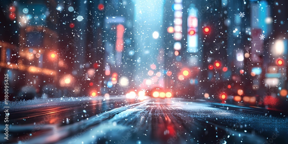 Obraz premium Blurred glowing city lights creating a serene snowy winter urban backdrop, evoking cozy seasonal charm, style book illustration